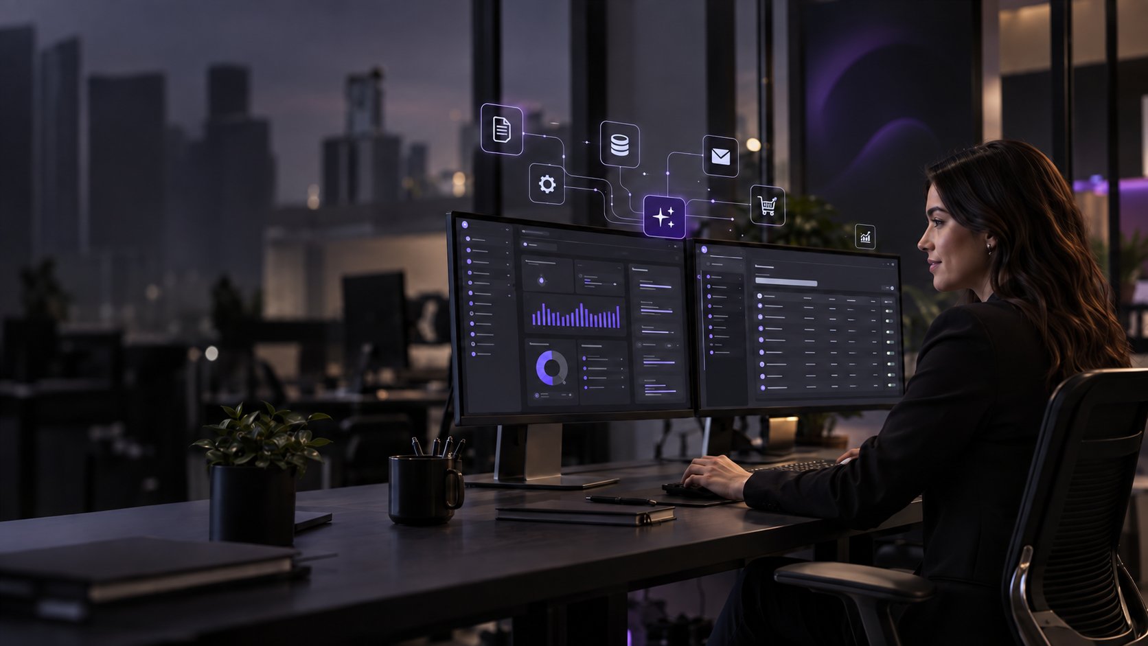 Profesional trabajando con sistemas empresariales conectados y automatizados.