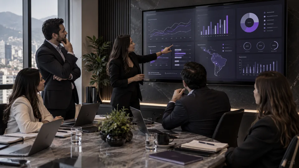 Equipo ejecutivo revisando indicadores de negocio en una pantalla de datos.