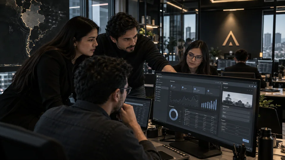 Equipo colaborando frente a una interfaz de software empresarial.