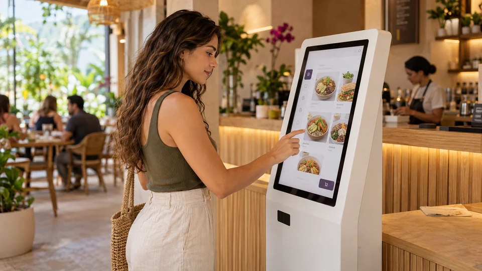 Una persona selecciona su pedido en una terminal de autoservicio dentro de un comercio.