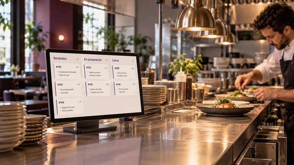 Escena ilustrativa de una cocina con un monitor que organiza pedidos por estado.